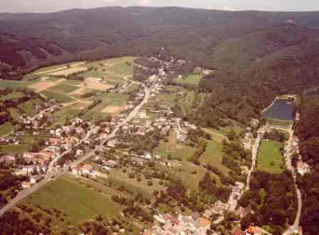 Luftbild von Rechnitz mit Weingärten und Wald am Geschriebenstein